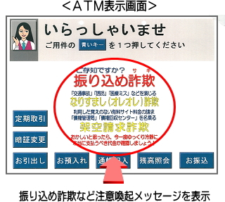 振り込め詐欺など注意喚起メッセージを表示